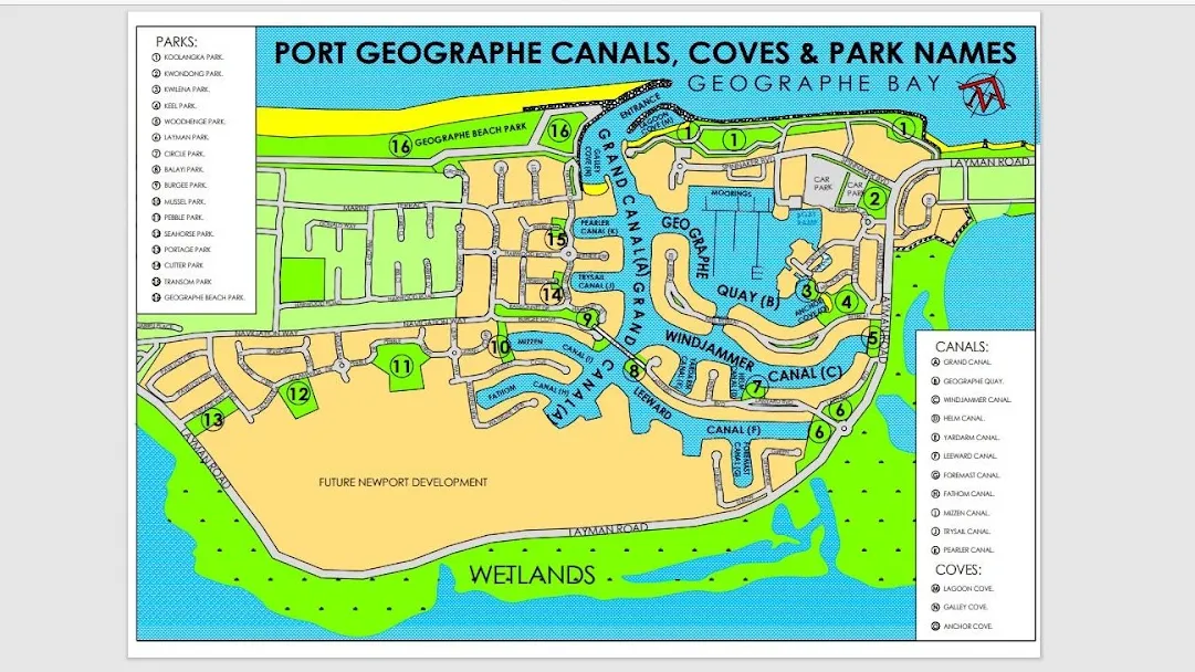 Map of Port Geographe canals, coves and park names