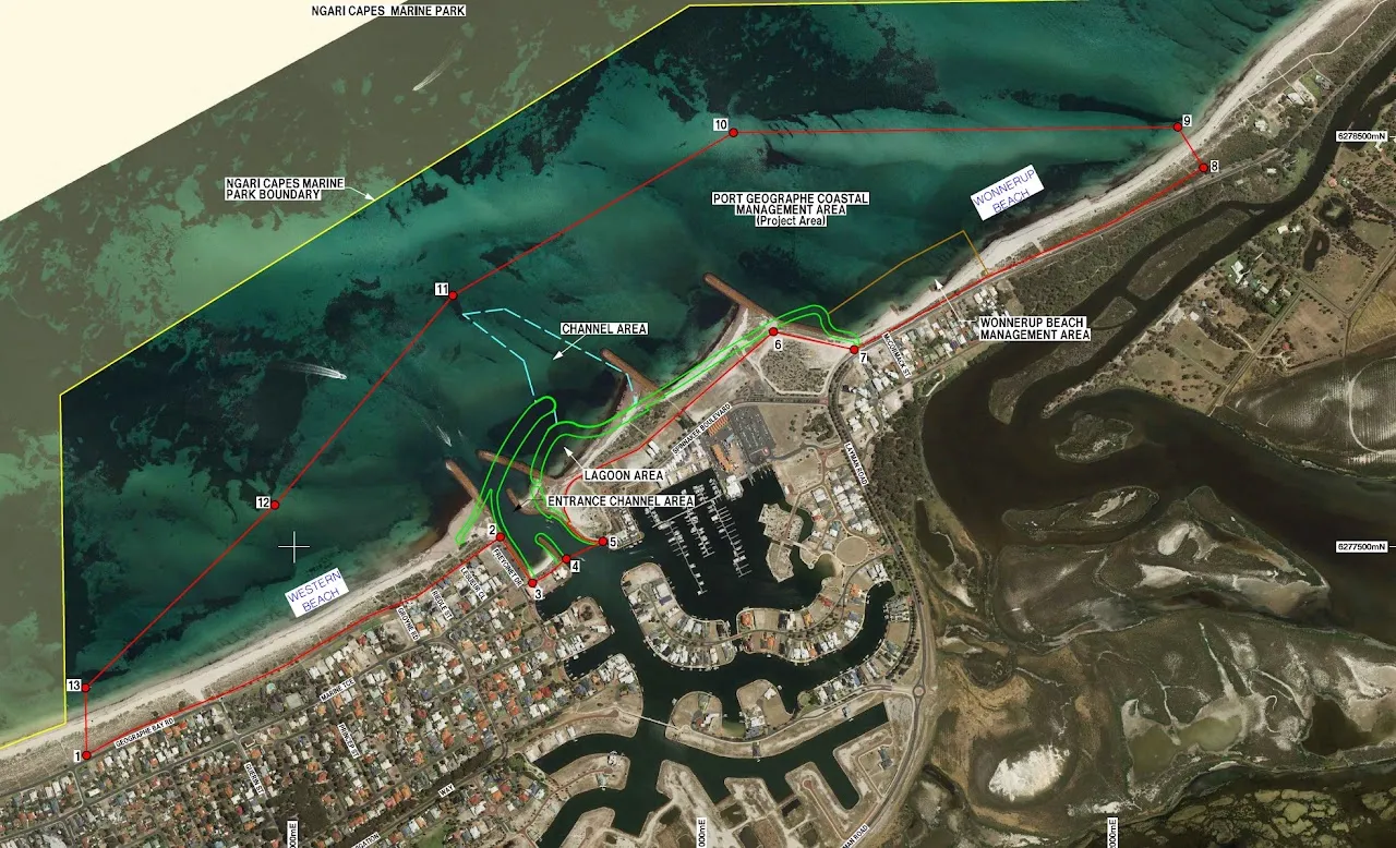 Aerial map of the Port Geographe Coastal Management Area, showing the channel, lagoon, Western Beach and Wonnerup Beach management areas