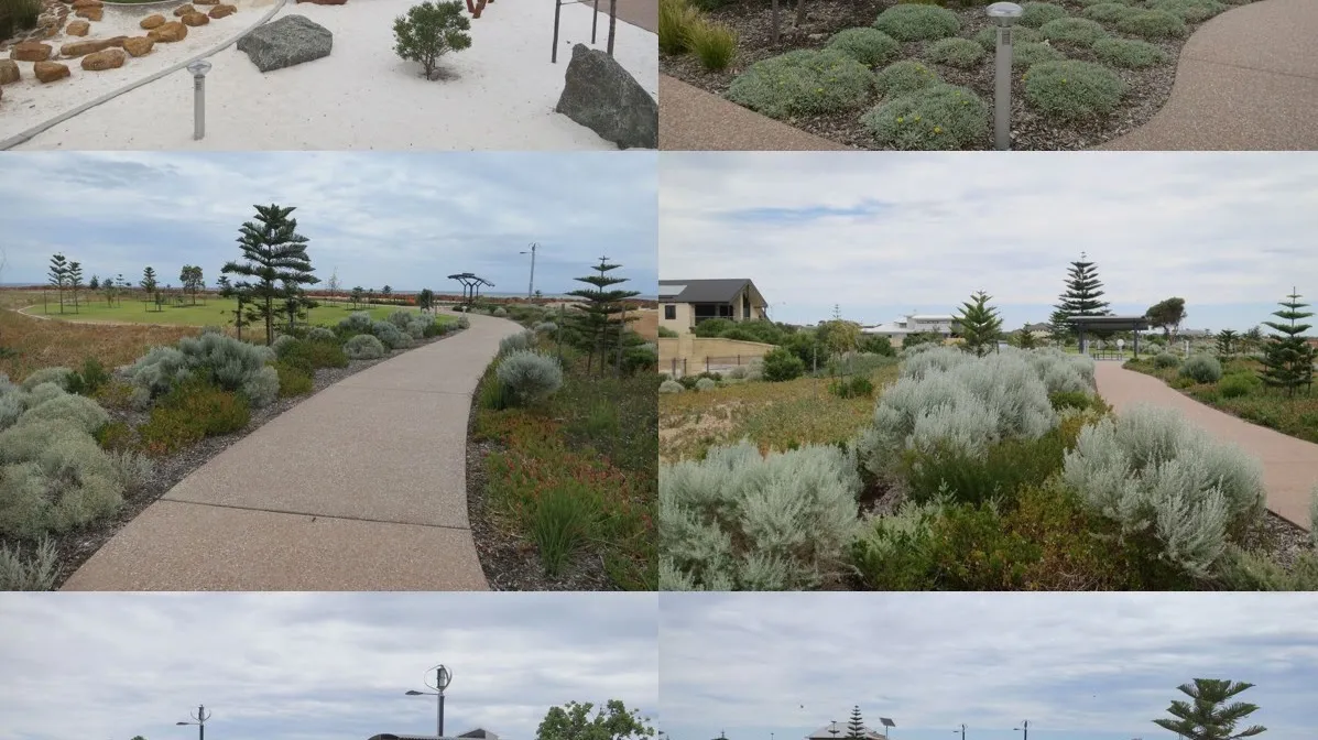 Collage of landscaped paths and gardens at Port Geographe