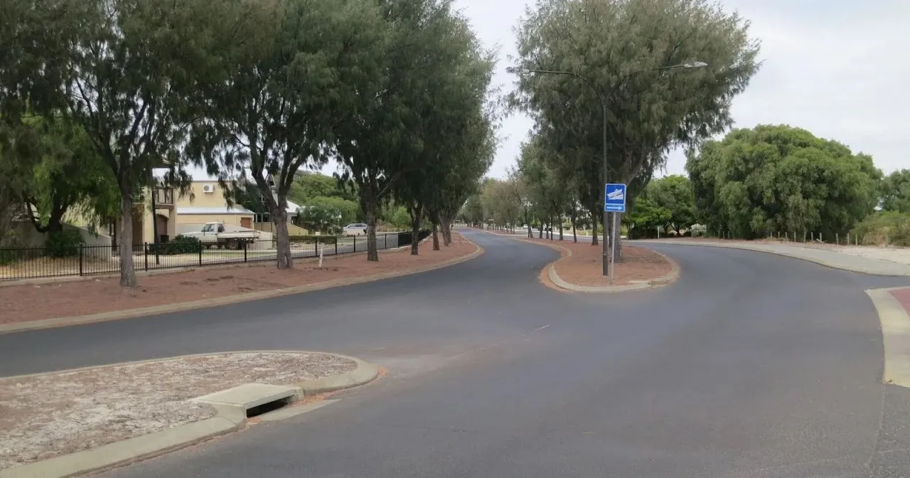 Layman Road entry to Port Geographe, lined with Casuarina trees