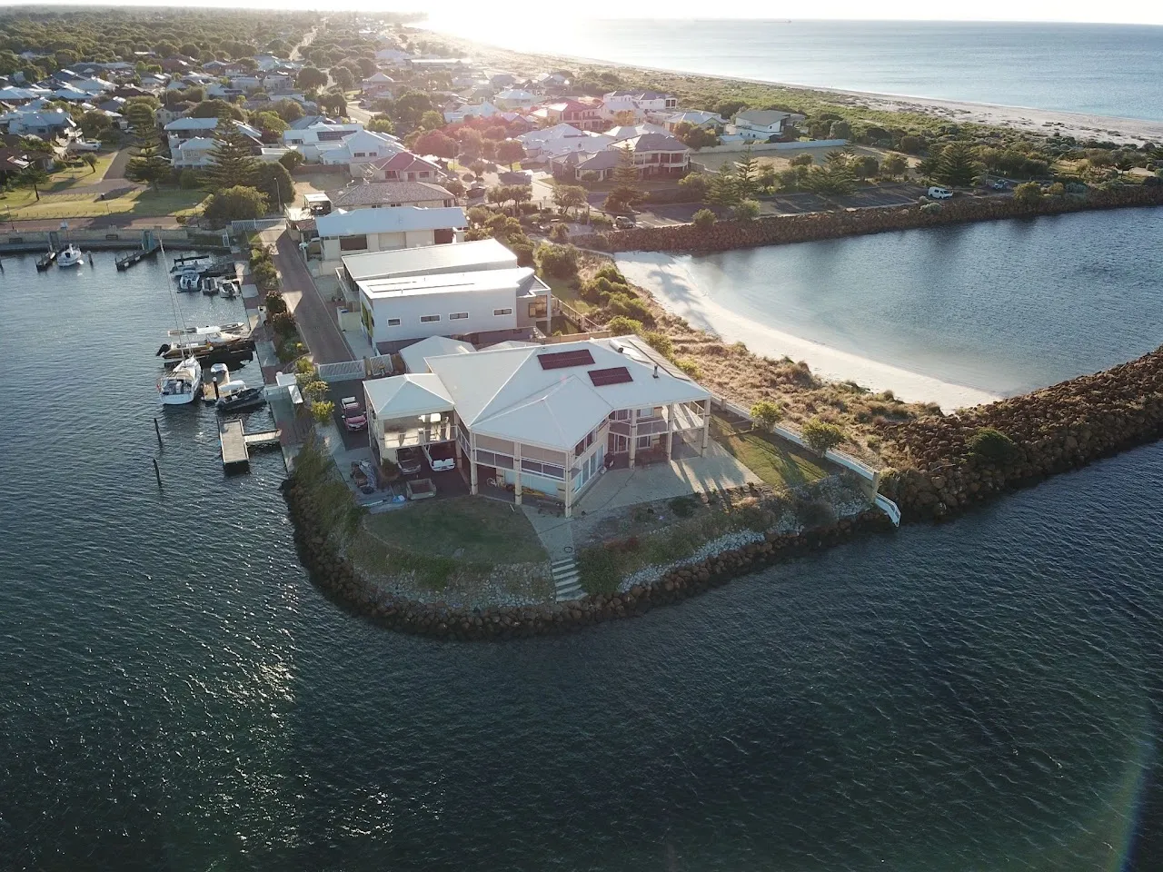 Aerial view of the Port Geographe entrance and waterfront buildings