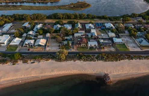 Aerial view of homes along the Wonnerup foreshore