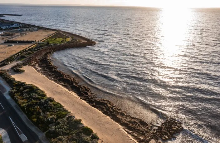 Aerial view of the groyne and beach at Wonnerup